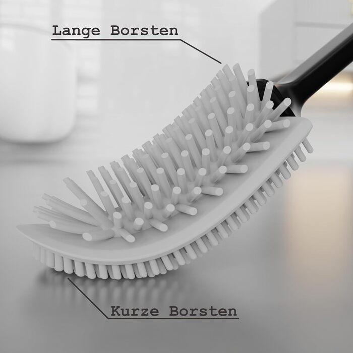 Силіконова щітка для унітазу R&B German Label – плоска, з кріпленням на стіну без свердління, з довгим руків'ям та швидковисихаючим контейнером – для миття унітазу та бордюру – білий/чорний (чорний/сірий)