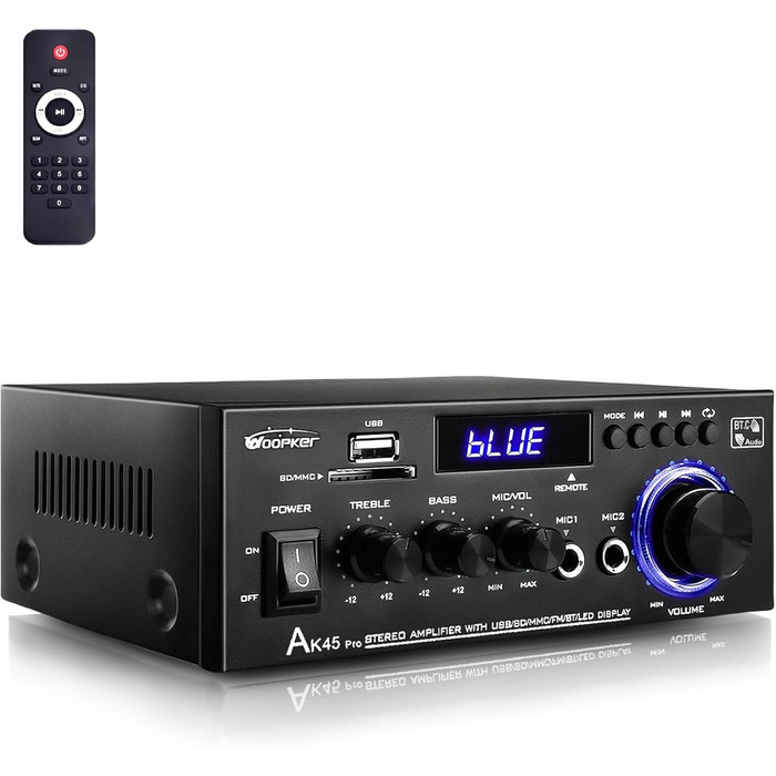 HiFi підсилювач WOOPKER AK45 Pro, 500 Вт, Bluetooth, 2-канальний, стерео, міні аудіо ресивер з FM-радіо, USB/SD/AUX/RCA/MIC входами, 12В/220В для колонок