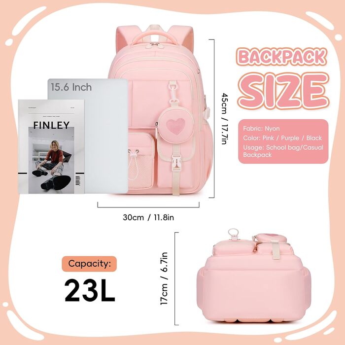 Шкільний рюкзак для дівчаток 1-5 класів з милим гаманцем, стильний рюкзак для школи та подорожей (рожевий)