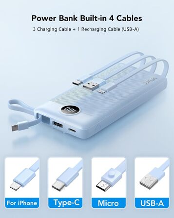 Повербанк VRURC 10000 mAh з 4 вбудованими кабелями, тонкий портативний зовнішній акумулятор, світло-блакитний