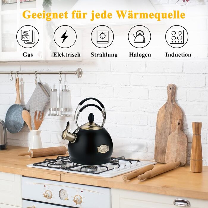 Півлітровий чайник-свисток з нержавіючої сталі з термостійкою ручкою, підходить для всіх типів плит, включаючи індукційну, чорний