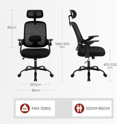 Крісло офісне WOLTU ергономічне, регульована підголовник та поперекова підтримка, функція гойдання, для офісу, 150 кг, чорне