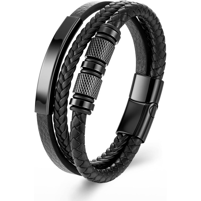 Чоловічий браслет на руці - шкіряний браслет з нержавіючою сталевою магнітною застібкою - плетений шкіряний браслет - браслети для чоловіків як подарунок на день народження, День святого Валентина, Різдво або День батька Чорний 21см