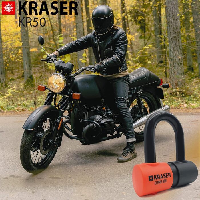 Протиугінний замок для мотоцикла KRASER KR50, дисковий, Ø18 мм, сертифікований SRA, з тросом-нагадуванням, для скутера та мотоцикла