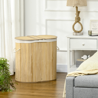 HOMCOM Laundry Basket with Lid, 2 Sections Removable Laundry Sorter Made of Bamboo, Natural for Laundry Organization and Storage