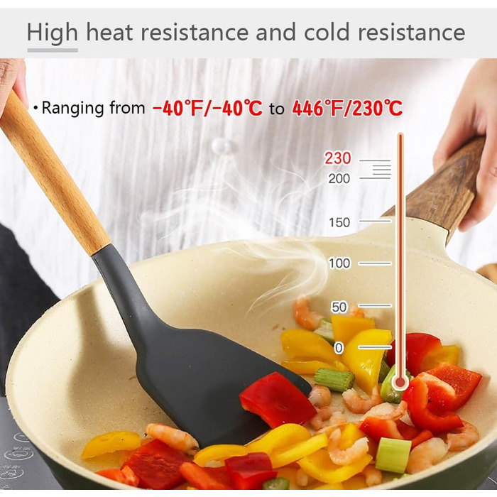 Набір кухонних аксесуарів 12 шт. з силікону з дерев'яними ручками, термостійкий антипригарний набір посуду: щипці, лопатки, ложки. Бежевий колір