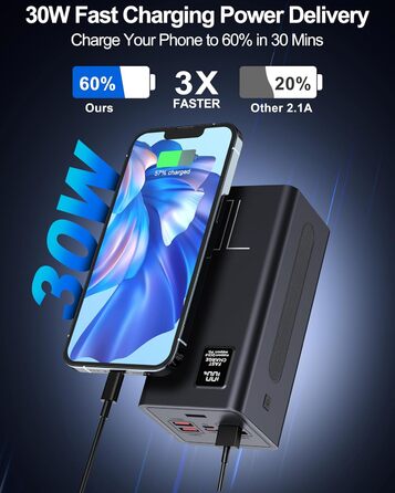 Power Bank 70000mAh 30W PD USB-C: Зовнішній акумулятор для iPhone, Samsung, планшетів - Чорний