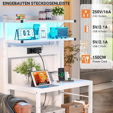 Кухонна полиця-органайзер з розеткою, стійка для мікрохвильовки, 5-ярусна кавобар з LED-підсвічуванням, полиця для спецій, каструль та сковорідок (60см, білий)