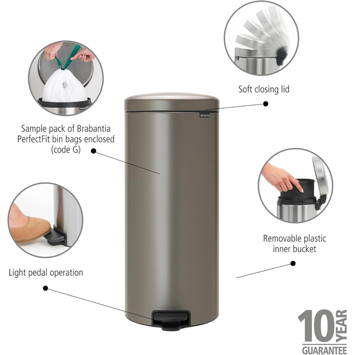 Відро Brabantia з педальним механізмом, 30 літрів, Platinum (з пластиковим вкладишем)