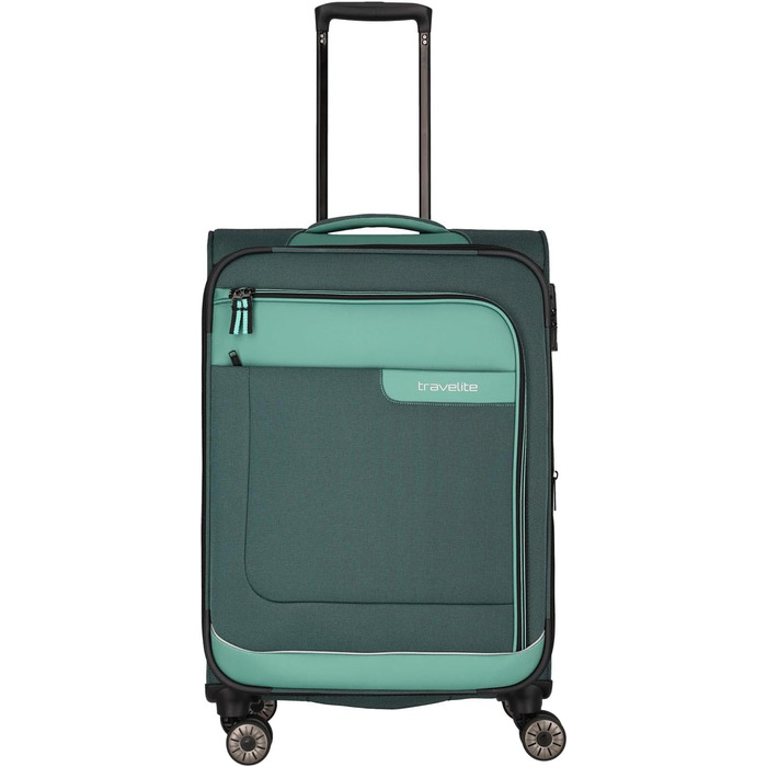 Travelite 4-Wheel Luggage Size L, Softshell made from recycled material, Luggage Series VIIA: Trolley with expandable gusset + edge protection, 77 cm, 91-103 liters (Trolley M extended (67 cm), Eucalyptus (Green))