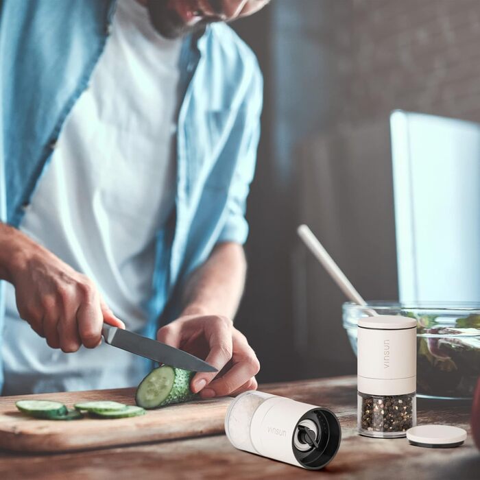 Набір з 2 мельниць для солі та перцю Vinsun - керамічний механізм, регульовані, ручні, нержавіюча сталь, кремово-білі