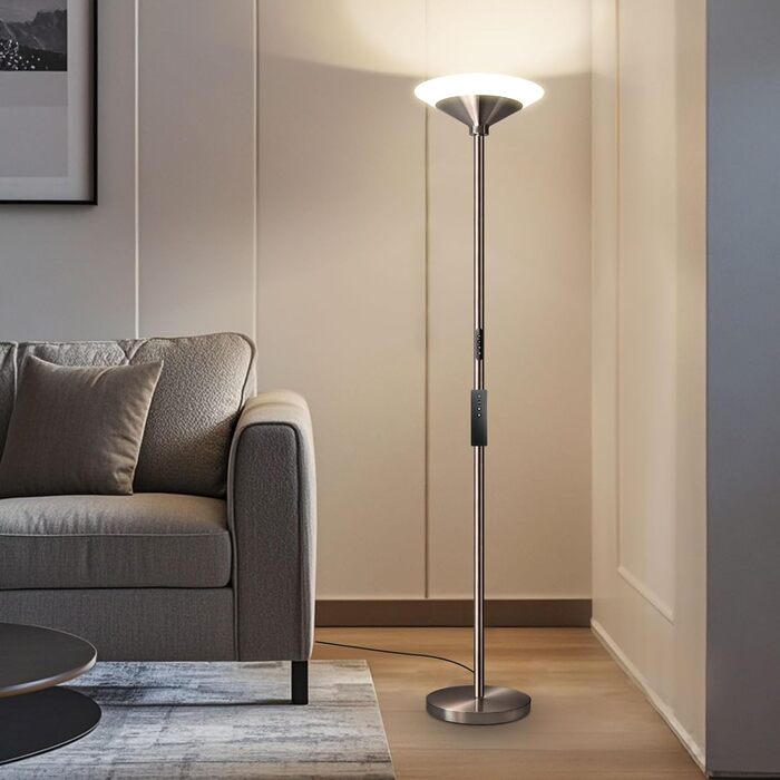 LED торшер BBHome для вітальні з регулюванням яскравості, 27W, з лампою для читання 6W, дистанційним керуванням та сенсором, 3000K-6500K, срібний