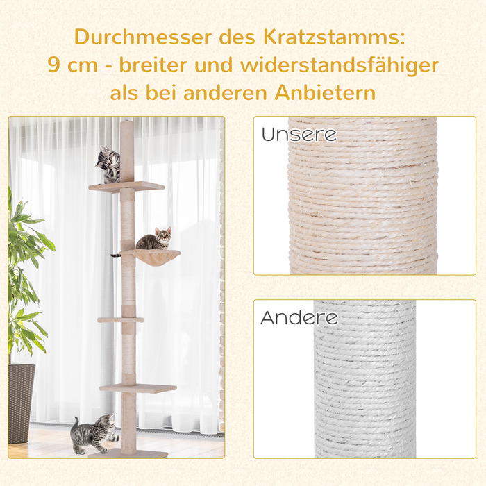 PawHut Cat Tree, Ceiling-High, H230-260 cm, Adjustable Height Climbing Tree for Cats, Stable, Beige | Aosom