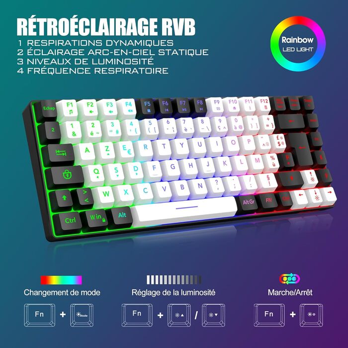 RedThunder K84 Combo: Бездротова клавіатура та миша USB, AZERTY (французька), 75% TKL, 3200 DPI (білий/чорний)