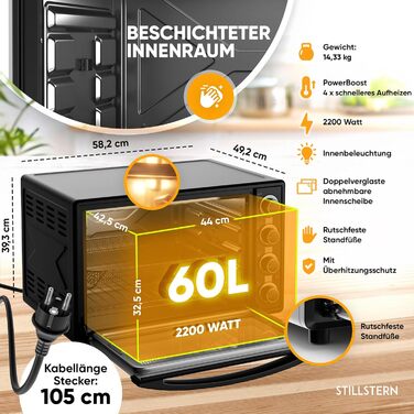 Міні-піч Stillstern 60L з конвекцією, Pizza Ø40, CYCLONE PRO+ з антипригарним покриттям, розморожування, таймер 2год, для кемпінгу, гриль з насадкою