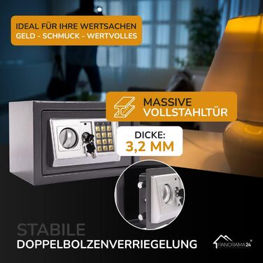 Сейф Panorama24 з електронним кодовим замком, 31x20x20 см, LED-дисплей, сталеві болти, чорний, з 4 батареями, меблевий/стінний сейф, домашній