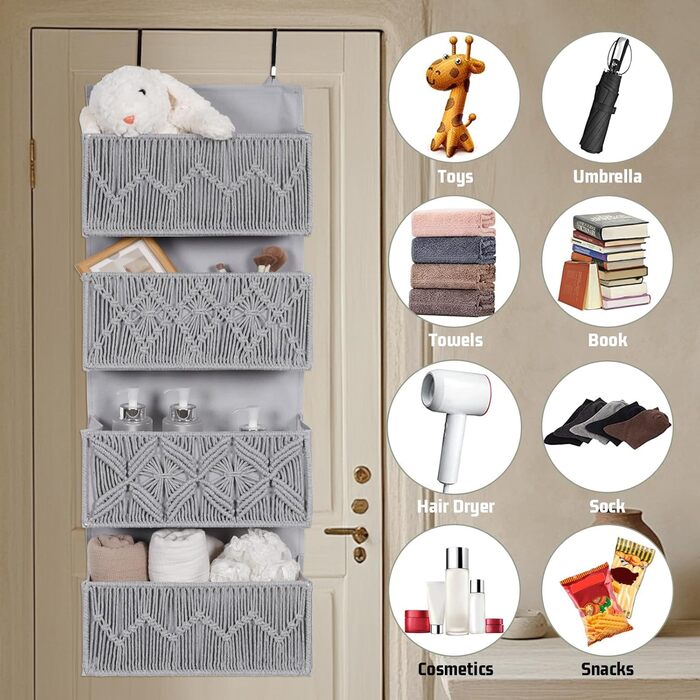 Органайзер для дверей з 4 кишенями, Бохо декор, настінна полиця-органайзер з 2 гачками, для спальні, дитячої кімнати, ванної (4 кишені-сірий)
