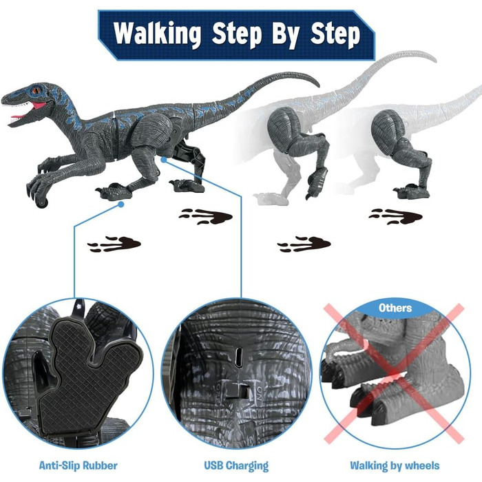Дитяча іграшка-динозавр на радіоуправлінні Velociraptor, електронний, з LED підсвіткою та реалістичними звуками, 2.4 ГГц, подарунок для дітей, сірий