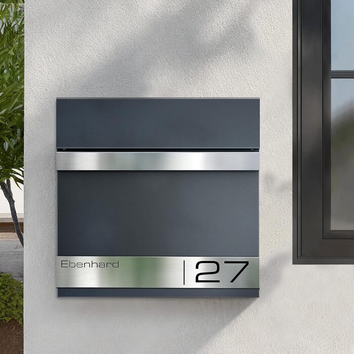 Поштова скринька Metzler Premium з газетницею Anthrazit (Антрацит) - персоналізована з табличкою для імені - високоякісна настінна поштова скринька з нержавіючої сталі V2A з порошковим покриттям RAL 7016, модель Stencil