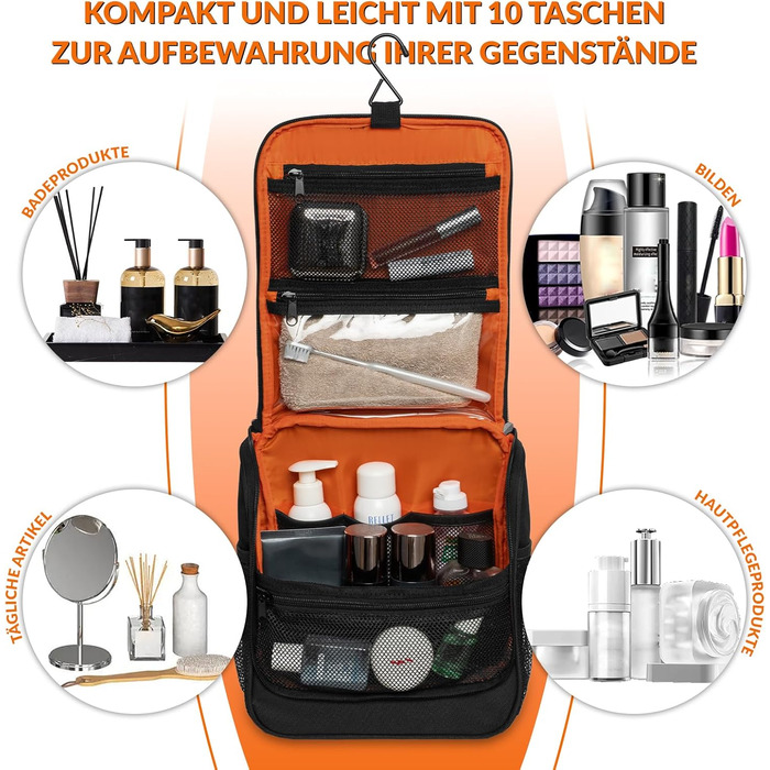 Туалетна сумка для подорожей Kulturbeutel: чоловіча та жіноча, водонепроникна, з гачком для підвішування, 7 відділень для кемпінгу та подорожей (зелена, чорна)