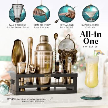 Набір бармена BARE BARREL® Mixology: 16 предметів для приготування коктейлів | Шейкер, барний аксесуар, набір для дому | 35 рецептів, 24oz Cobbler Shaker