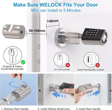 Електронний циліндр WELOCK PBL41 для дверей з Bluetooth, кодовий замок IP65, для дверей 50-100 мм
