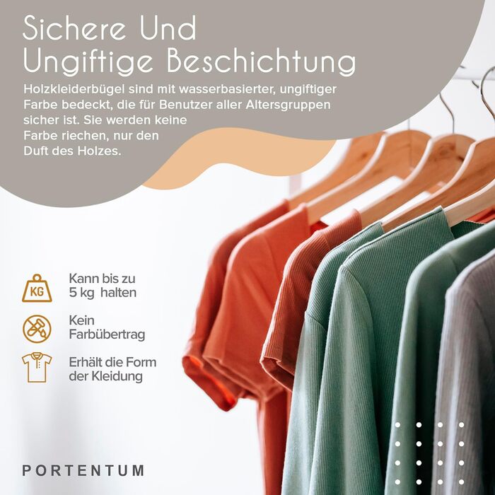 Плечики для одягу Portentum Holz, 10 шт., натуральні кольори - 360° обертання гачка, виступи для спідниць та блузок, нековзний тримач для штанів, підходять для костюмів, сорочок, курток (20 шт.)