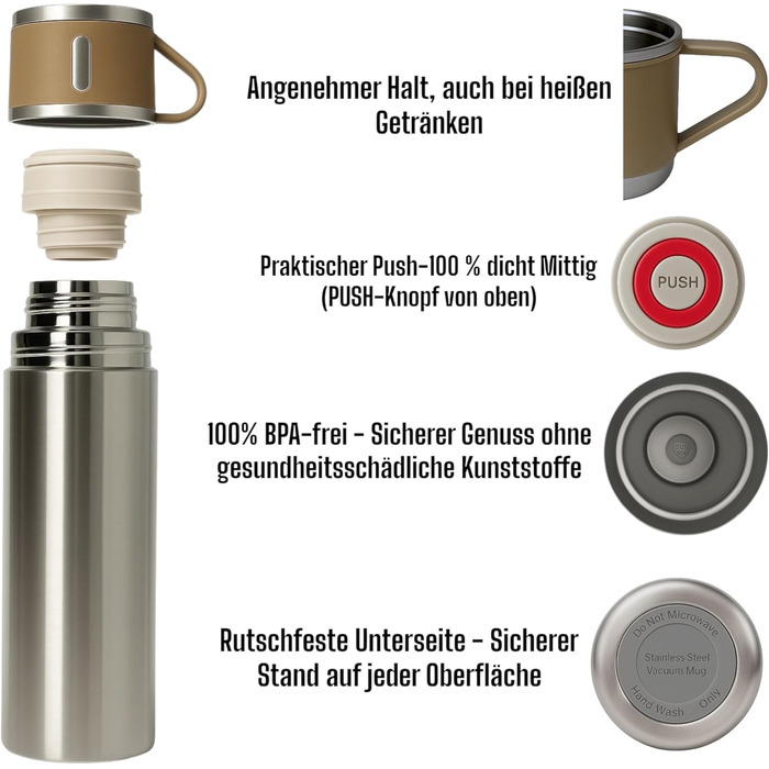 Термос 500 мл з нержавіючої сталі – 2 чашки з ручками – без витоку, BPA-free – з щіткою для чищення – колір: сріблястий