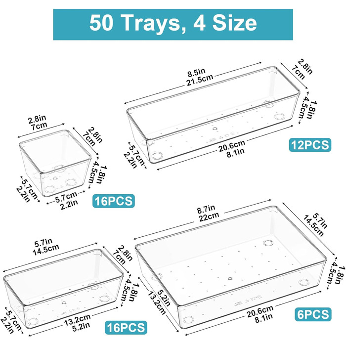 Radikor Drawer Organizer Inserts - 50 Piece Vanity Organizer in 4 Sizes, Drawer Organizer, Make Up Organizer, Drawer Organization System for Desk, Office, Kitchen, Bathroom