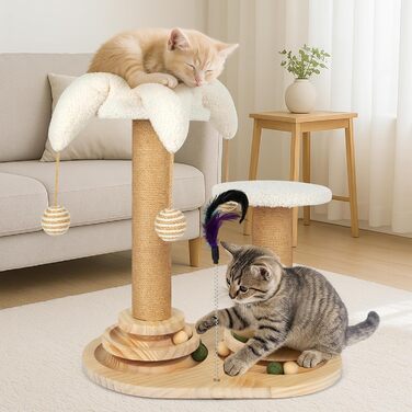 Інтерактивна іграшка для котів 6 в 1: дерев'яний комплекс з кульками, пір'ям, м'ячиком-трекером, когтеточкою з сизалю та джуту. Підходить для котів середніх та маленьких порід (білий)