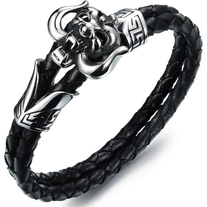 Чоловічий браслет JewelryWe, готичний, з черепом та демоном, шкіряний, з нержавіючої сталі, чорний/срібний