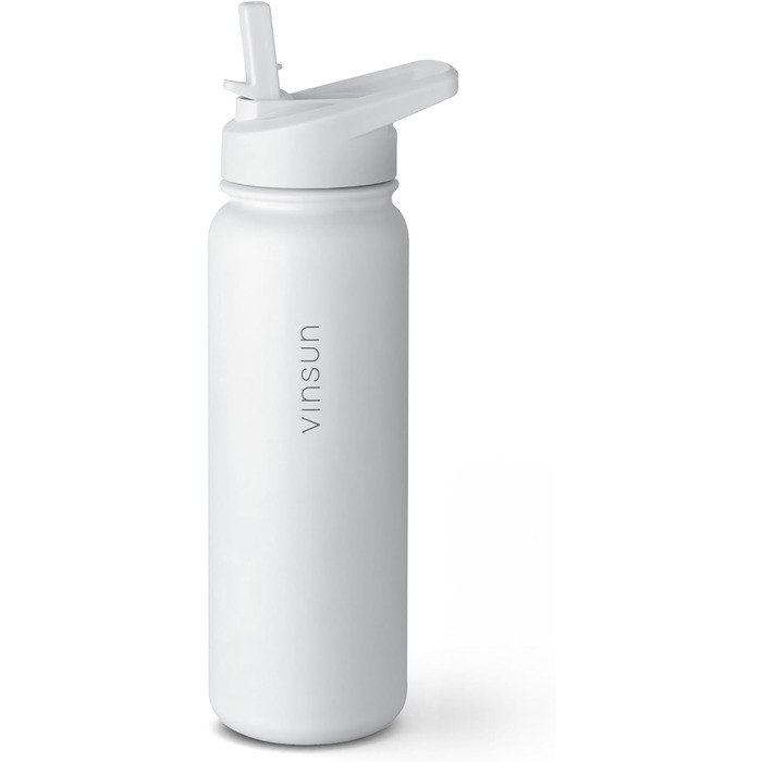 Stainless Steel Water Bottle 1L - Straw, Drinking Opening - Leak-Proof, Carbonated Drinks Safe, BPA Free - Thermos Bottle, Sports, Outdoor, School, University, Cycling, Hiking, Gym (750 ml, White)