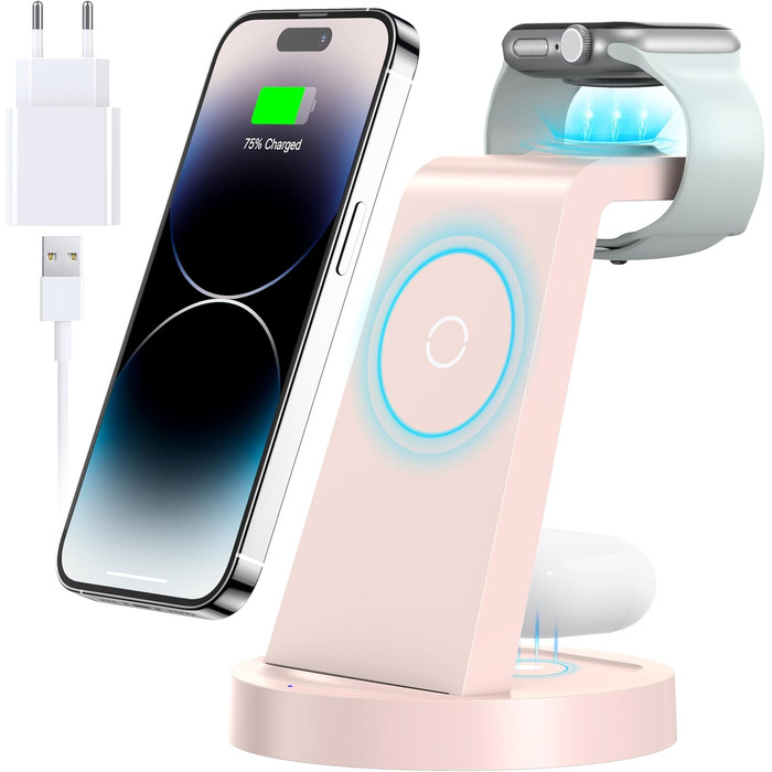 Зарядний станція 3 в 1 для iPhone: швидка бездротова зарядка для Apple iPhone 16, 15, 14, 13, 12, 11, X, Pro, Max та Apple Watch 10, 9, 8, 7, 6, SE, AirPods 4, 3, Pro з адаптером 18W (Рожевий)