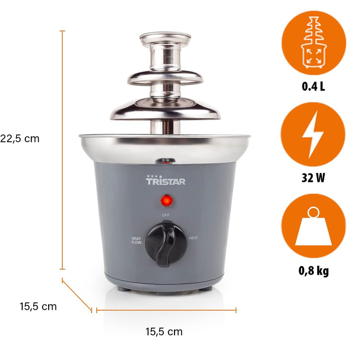 Шоколадний фонтан Tristar CF-1603 з нержавіючої сталі, 3 рівні, 0,4 л, функція підігріву, 32 Вт