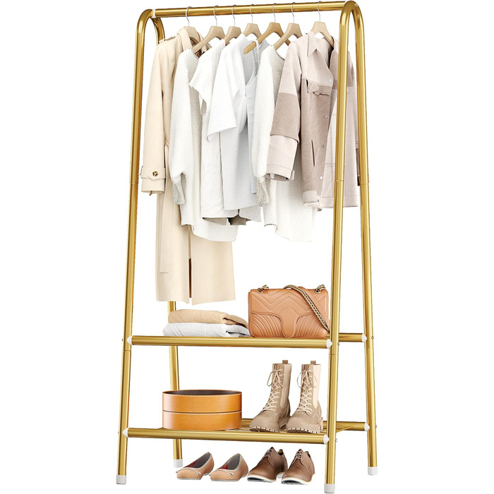 Robust metal clothes rack with double shelves for hanging clothes, freestanding and portable, 62 L x 35 W x 157.5 H cm, space-saving, gold