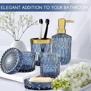 Набір для ванної кімнати скляний 5 предметів Lotionspender синій - розкішний органайзер для ванної (мильниця, стаканчик, тримач для зубних щіток)