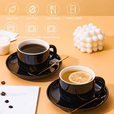 Набір кавових чашок і блюдець з ложками, 4 шт., 220 мл, кераміка, чорний колір. Чашки капучіно для чаю та еспресо