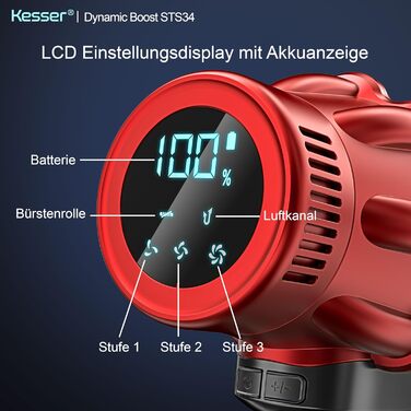 Бездротовий акумуляторний пилосос KESSER® з LED дисплеєм, 70 хв роботи, без мішка, для твердих поверхонь, килимів, шерсті тварин, чорний/червоний