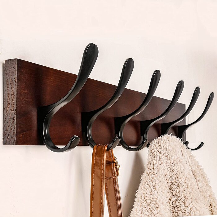 SKOLOO Wall Mounted Coat Rack - Wood Brown Wall Coat Rack Hooks Wall Organizer Clothes Hanger Rack with 6 Hooks for Hanging Coats, Hats, Clothing, Scarves, Brown & Black 1 Brown (6 Hooks)