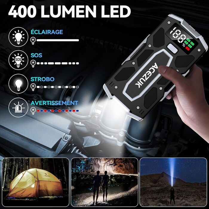 Бустер для автомобіля ACEZUK 6000A — Пусковий пристрій (Powerbank) 12V для бензинових (до 7.0L) та дизельних (до 5.5L) двигунів, з LED-ліхтарем та цифровим дисплеєм для авто, SUV, мотоциклів