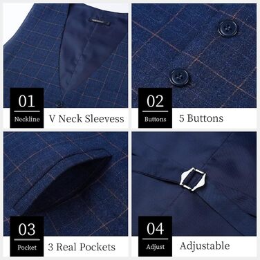 Жилет для чоловіків HISDERN з візерунком у клітинку, блакитний, бавовна | Формальний костюмний жилет