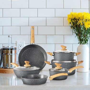 Набір каструль і сковорідок Kitchen Academy 12 предметів, антипригарне покриття, з кришками, для індукції, газу та мікрохвильовки, сірий
