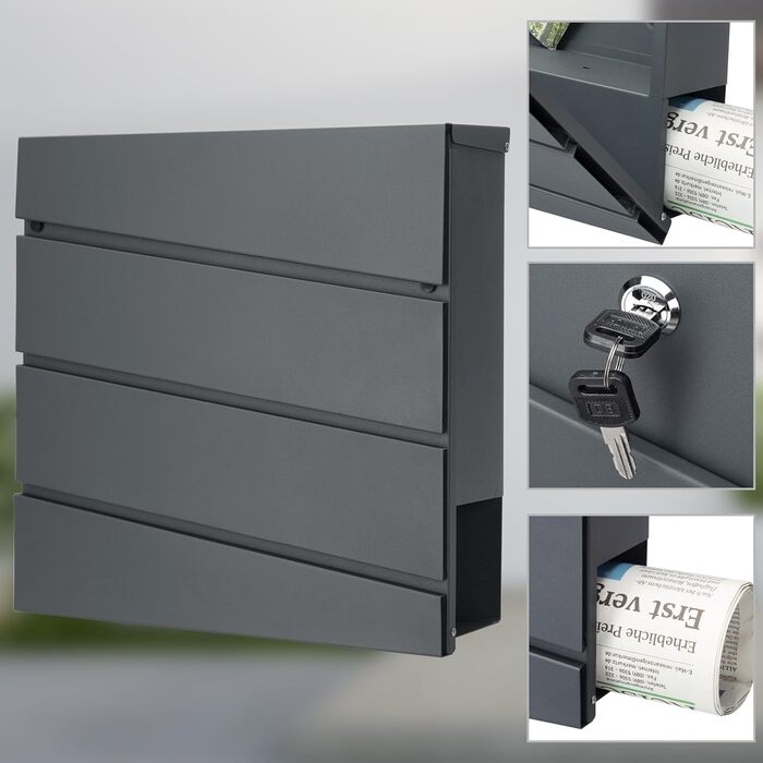 Поштовий ящик Monzana XXL з газетницею, оглядовим вікном, замком (2 ключі), сталь, антрацит. Легкий монтаж