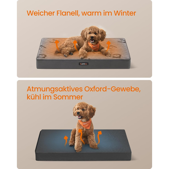 Ліжко для собак Feandrea, знімний водонепроникний матрац, розмір M (76 x 51 x 8 см), для маленьких та мініатюрних собак, сірий, PGW241G01