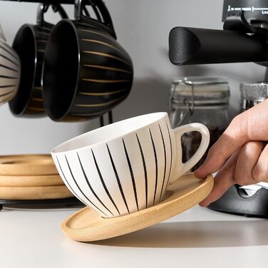 Набір керамічних кавових чашок LUKA з підставками та металевим тримачем (6 шт.), 118 мл, порцелянові демітас для еспресо, лате, кави, мокко, чаю, в смугастих кольорах білий та чорний