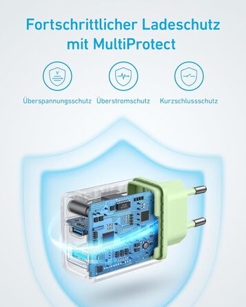 Зарядний пристрій Anker 20W USB-C, адаптер живлення для iPad, швидка зарядка, сумісний з iPhone 17/16/15, кабель USB-C (150 см), зелений