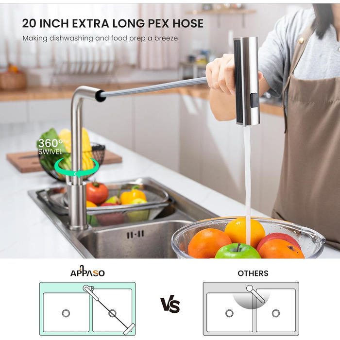 Чорний кухонний змішувач Appaso з висувною лійкою, 360° обертання, 2 режими струменя, для кухні | З нержавіючої сталі, водоспад