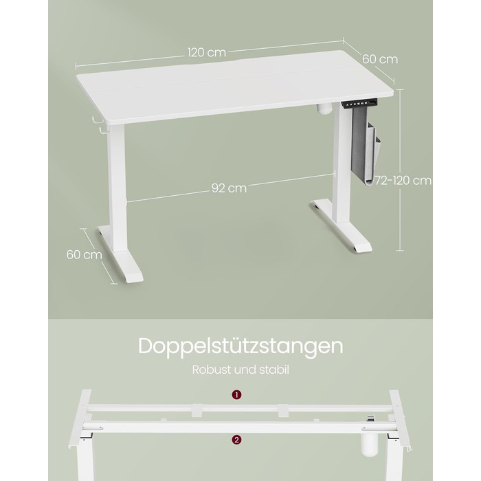 VASAGLE Electric Height Adjustable Desk, 60 x 120 x 72-120 cm, Memory Function, Wood & Steel Frame, Cloud White