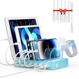 Зарядна станція SooPii USB 60W/12A, 6 портів, органайзер для декількох пристроїв з тримачем для Apple Watch, 6 кабелів (синій)