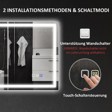 Дзеркало для ванної кімнати HOMCOM з підсвіткою 80x60 см, LED, з Bluetooth, функцією пам'яті, годинником, 3 кольорами світла, запобігає запотіванню, сенсорне управління, сріблястий | Aosom